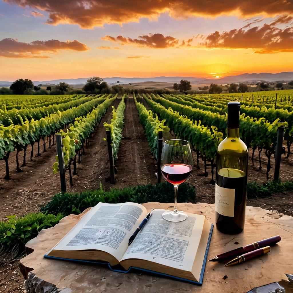A serene vineyard at sunset, with rows of grapevines stretching into the distance, interspersed with open books and scattered wine glasses reflecting the warm golden light. In the foreground, a quill pen rests on a corked wine bottle, symbolizing the blend of wine and literature. Dreamy clouds fill the sky, adding a poetic atmosphere to the scene. super-realistic. warm colors. 3D.