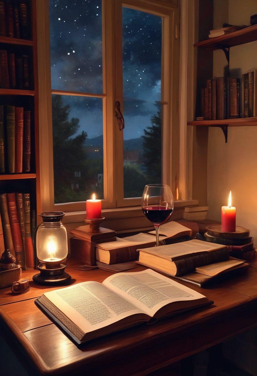 A cozy scene featuring a wooden table adorned with a glass of red wine and an open book, both surrounded by warm, soft candlelight. In the background, a bookshelf filled with classic literature and a window revealing a starlit night sky. The atmosphere evokes relaxation and intellectual exploration. painting. warm tones. inviting ambiance.
