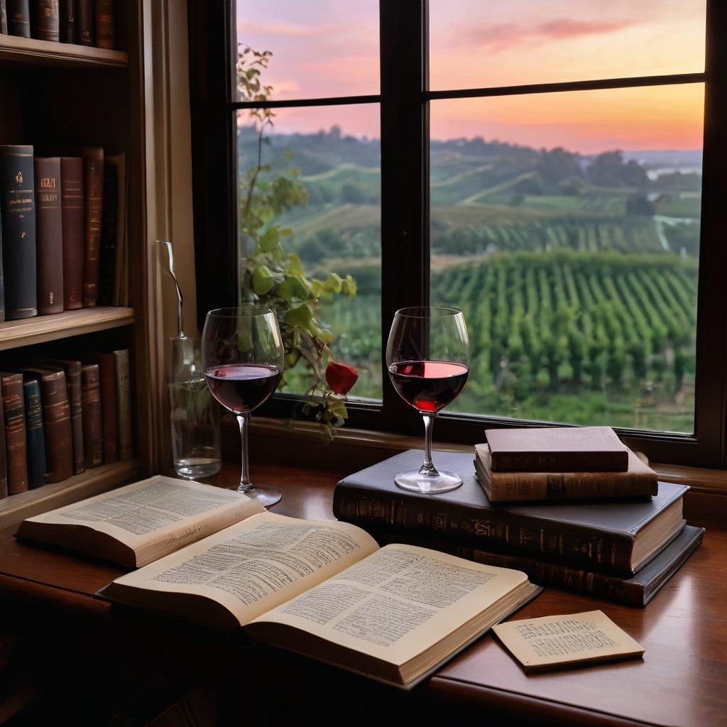 A cozy reading nook with an elegantly arranged table featuring a glass of red wine and a stack of classic literature books. Soft ambient lighting casts a warm glow, with a vintage-style bookshelf in the background, and a small window revealing a lush vineyard outside. Include a couple of delicate wine glasses and an open book with a few pages turned. warm colors, super-realistic, inviting atmosphere.